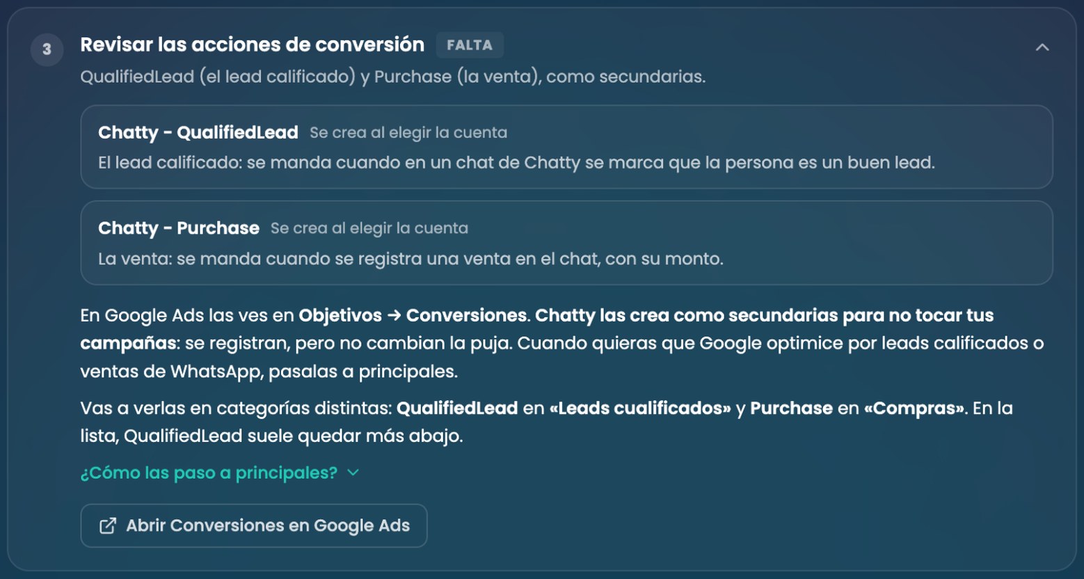 Paso 3: las conversiones Chatty - QualifiedLead y Chatty - Purchase, creadas como secundarias