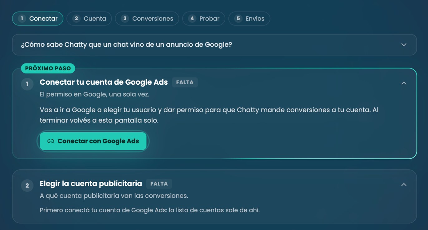 Pantalla de Google Ads en Chatty: los cinco pasos y el botón Conectar con Google Ads