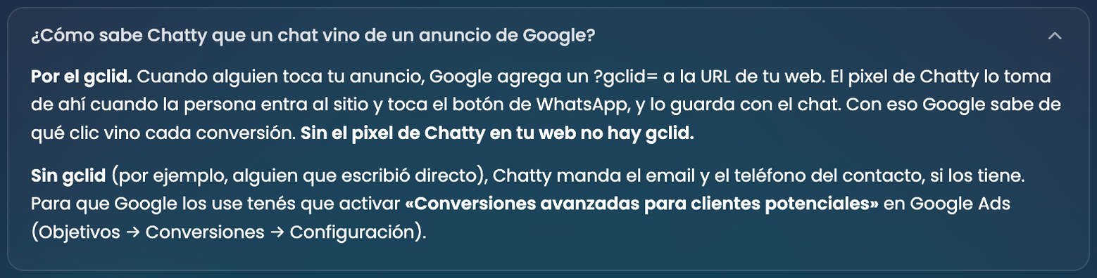 Explicación en pantalla de cómo Chatty sabe que un chat vino de un anuncio de Google